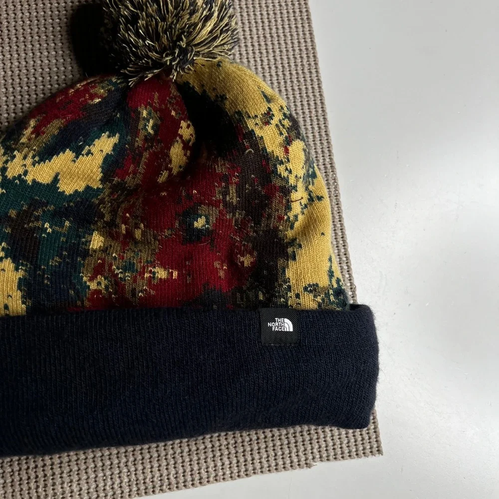 The North Face Beanie Pom Knit Hat Abstract Camo Red Yellow Navy Unisex One Size